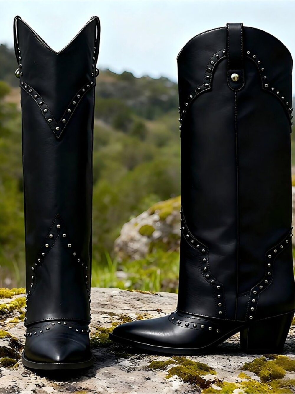 Cowgirl Cowboy Knee High Boots Women Fold Over Western Pointed Toe